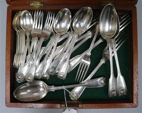 A Victorian silver shell, fiddle and thread pattern part service of flatware, London 1864, total 60oz